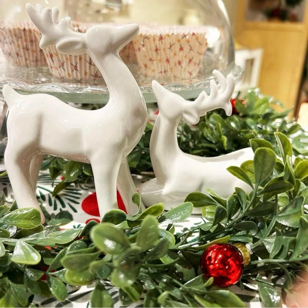 NEW West Elm Modern White Ceramic Deer Holiday Christmas Figurines Set of 2